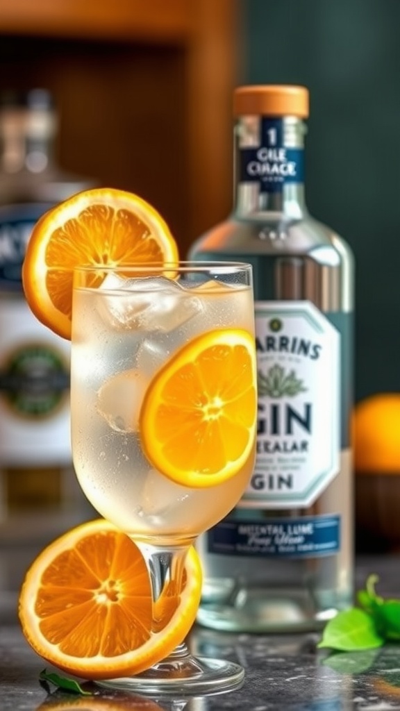 A bottle of citrus-infused gin with slices of lemon, lime, and orange on a wooden table, accompanied by a refreshing cocktail.