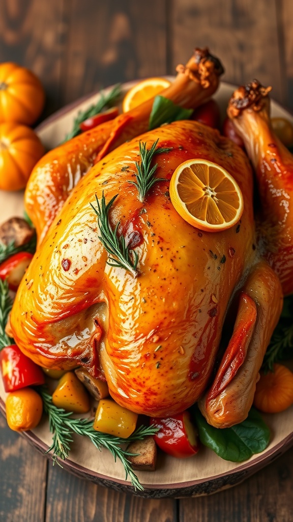 A beautifully roasted turkey garnished with citrus slices and herbs, surrounded by colorful vegetables.