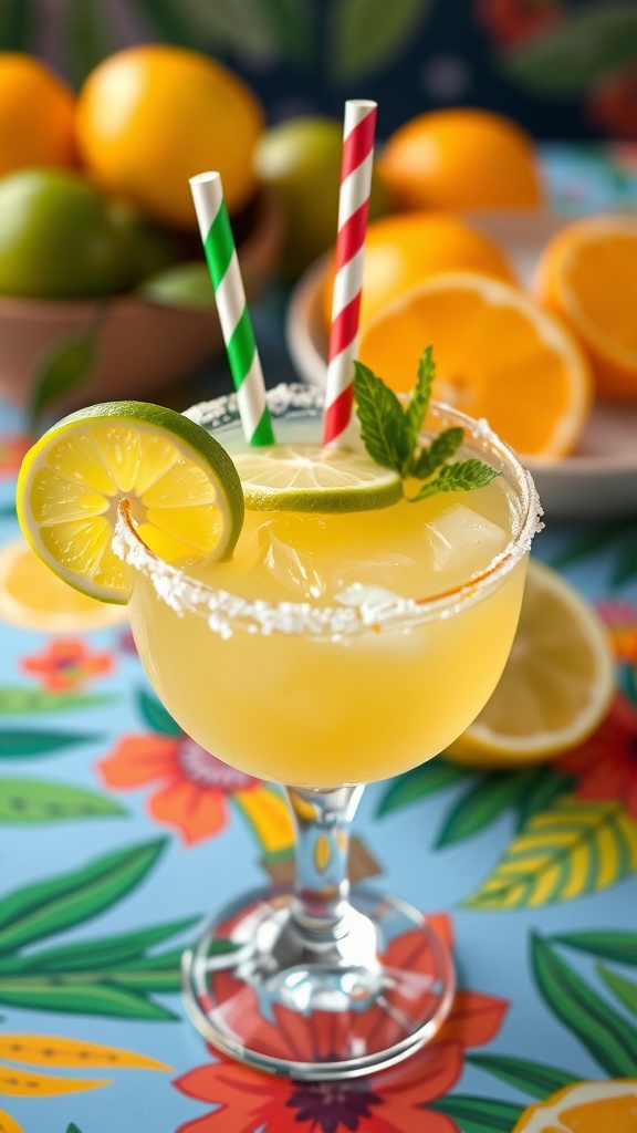 A refreshing Citrus Rum Margarita topped with lime and orange slices, surrounded by fresh citrus fruits.
