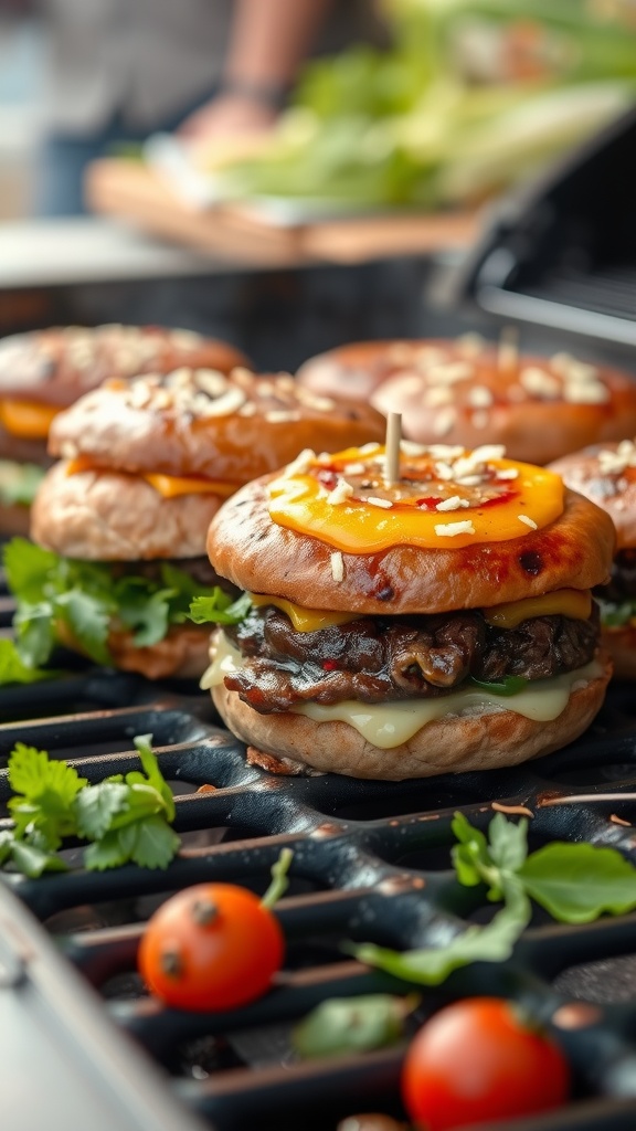 Deliciously grilled beef burgers with cheese and toppings.