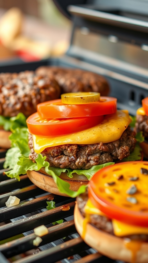 Grilled beef burgers with lettuce, tomato, and pickles on a barbecue grill.