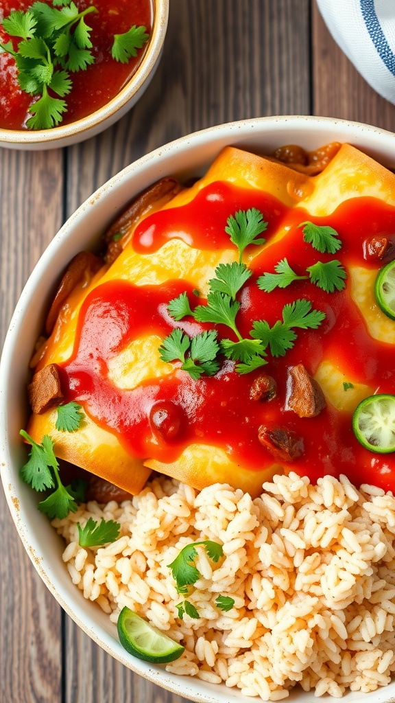 A bowl of beef enchiladas topped with cheese and sauce, served with rice