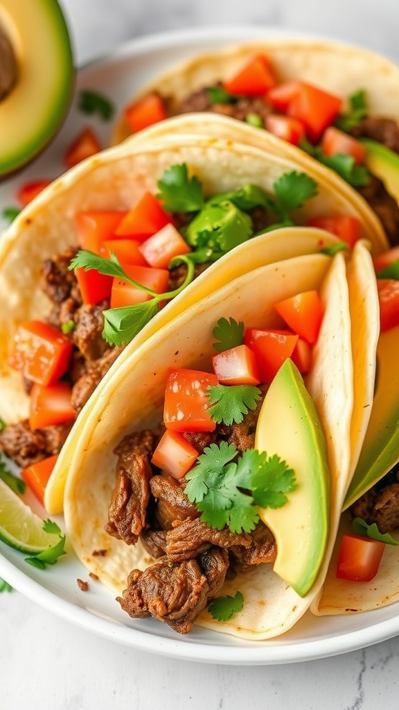 Three classic beef tacos with tomatoes and cilantro on a plate.