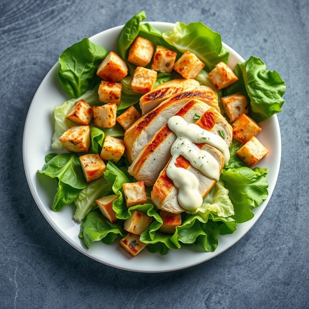 A plate of Classic Caesar Chicken Salad featuring grilled chicken, croutons, and lettuce.