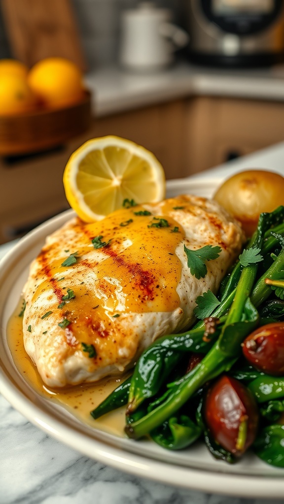 A plate of Chicken Francese with lemon, green beans, and tomatoes