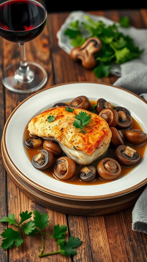 A plate of Chicken Marsala with mushrooms next to a glass of red wine.