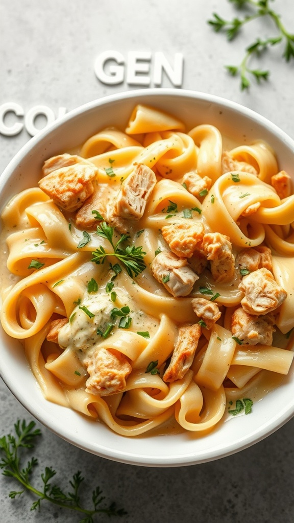 A bowl of chicken noodle casserole with creamy sauce and parsley garnish