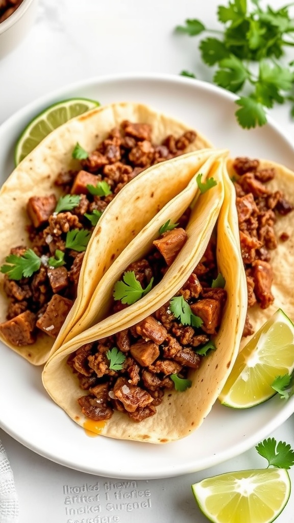 Three chopped beef tacos garnished with cilantro and lime slices on a plate.