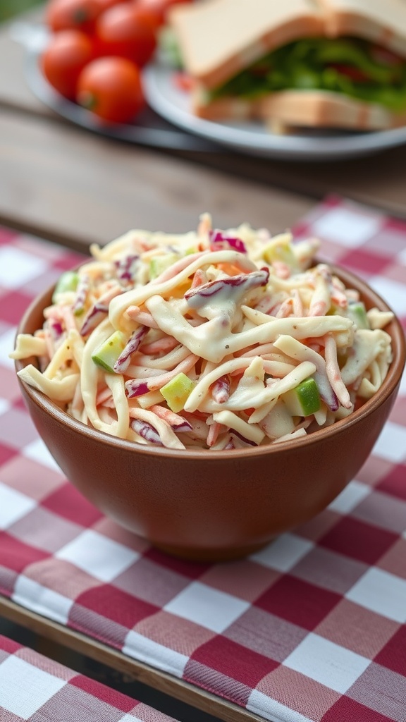 Bowl of classic coleslaw with creamy dressing on a picnic table