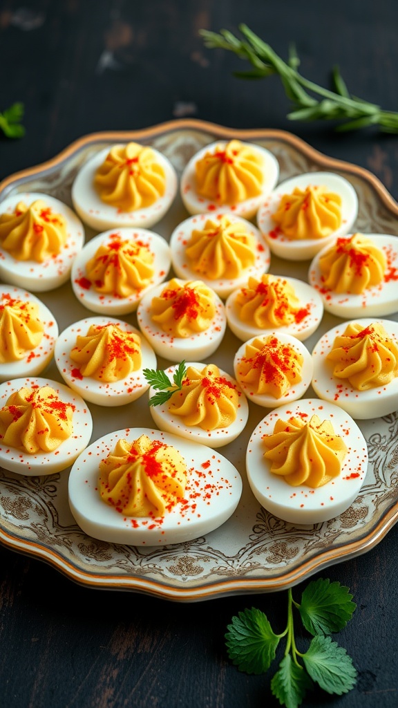 A platter of classic deviled eggs topped with paprika and garnished with herbs