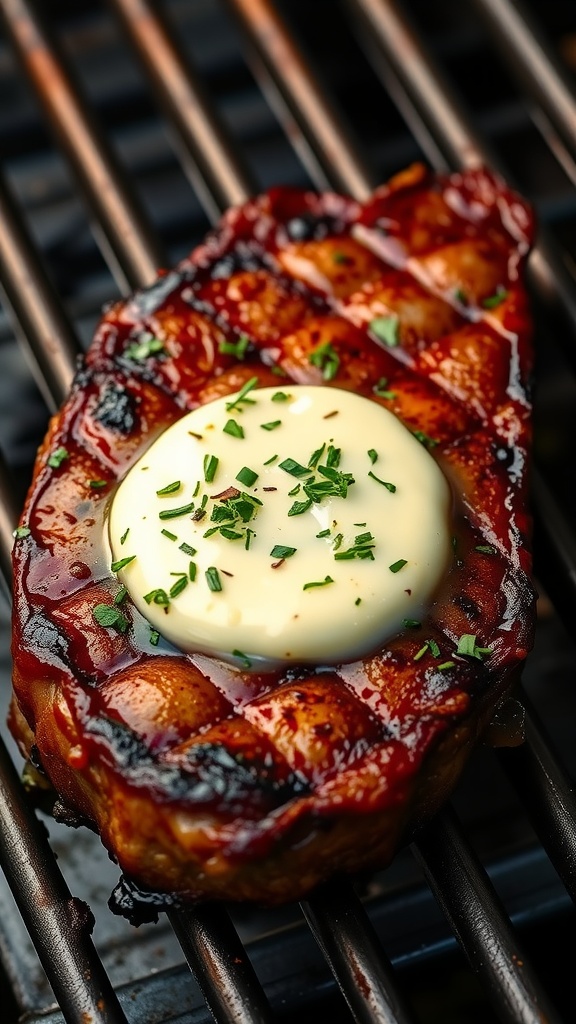 Grilled ribeye steak with garlic butter melting on top, garnished with herbs on a grill.