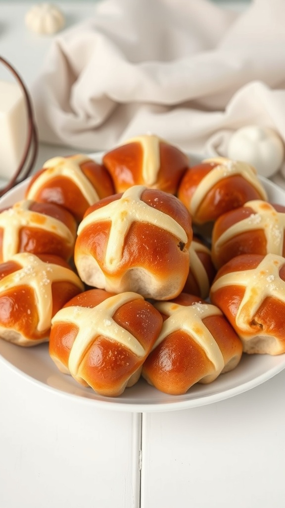 A plate of freshly baked hot cross buns with a golden-brown crust and icing crosses on top.