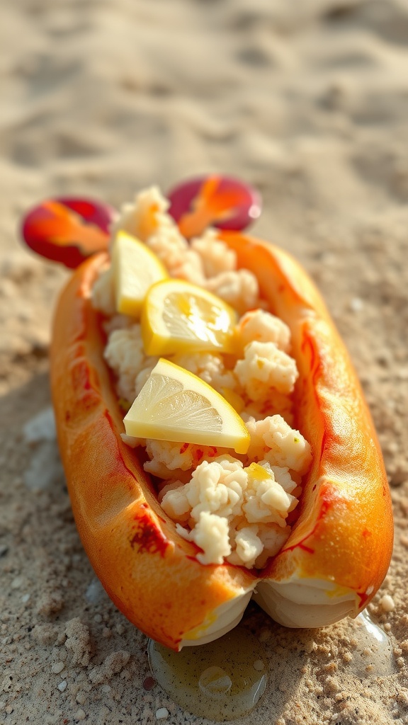 A lobster roll topped with lemon slices on a sandy beach.