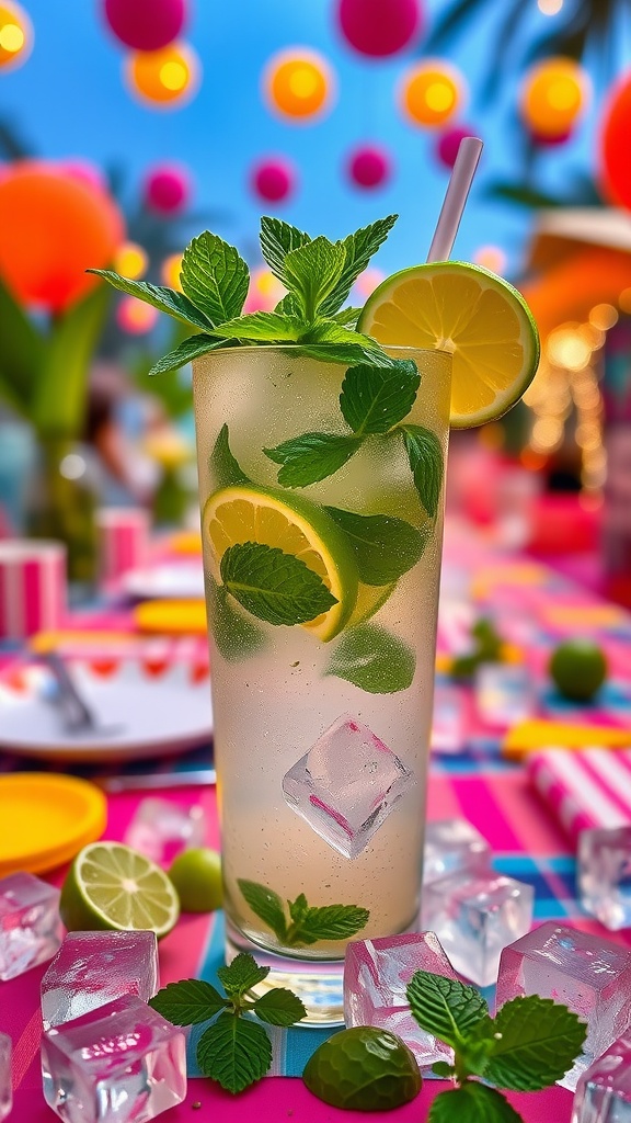 A refreshing mojito cocktail with mint and lime in a colorful setting