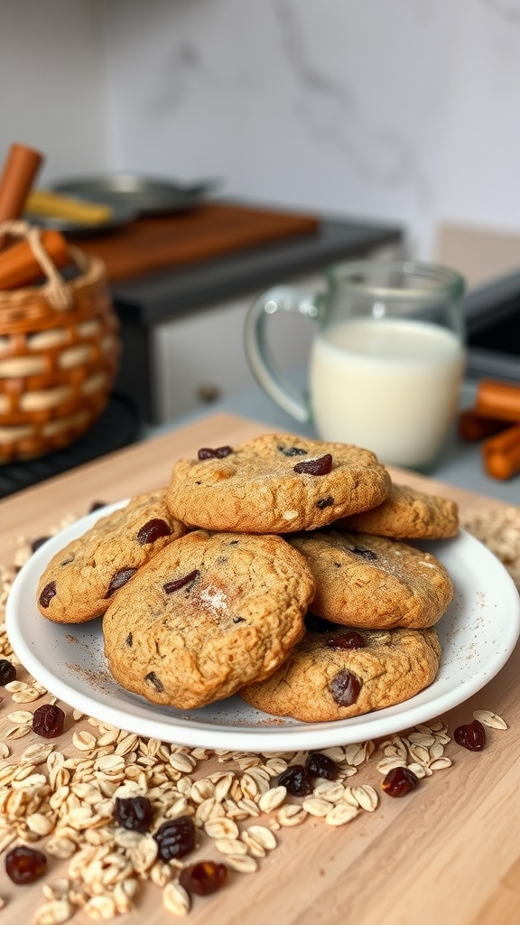 A plate of oatmeal raisin cookies with a glass of milk and scattered oats in the foreground.