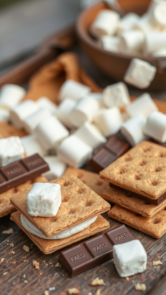 A close-up of stacked s'mores made with graham crackers, marshmallows, and chocolate, with extra marshmallows scattered around.