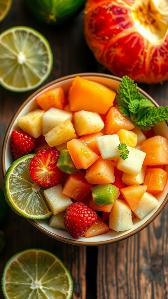 A bowl of coconut-lime fruit salad with assorted fresh fruits and lime slices on a wooden table.