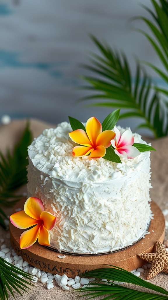 A beautifully decorated coconut cream cake topped with coconut flakes and colorful flowers