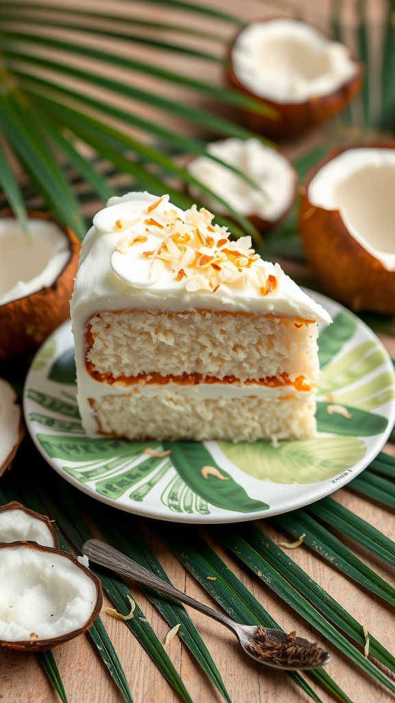 A slice of coconut cream cake on a decorative plate, surrounded by coconut shells and palm leaves.