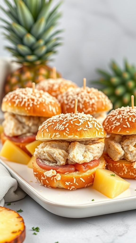 A platter of coconut crusted tuna sliders with pineapple chunks and a pineapple in the background.