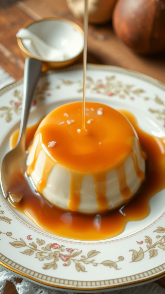 Coconut flan with caramel sauce, served on a decorative plate.