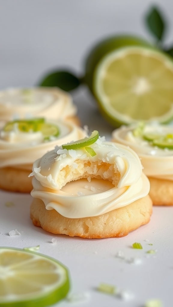 Delicious coconut lime cookies topped with creamy frosting and garnished with lime slices
