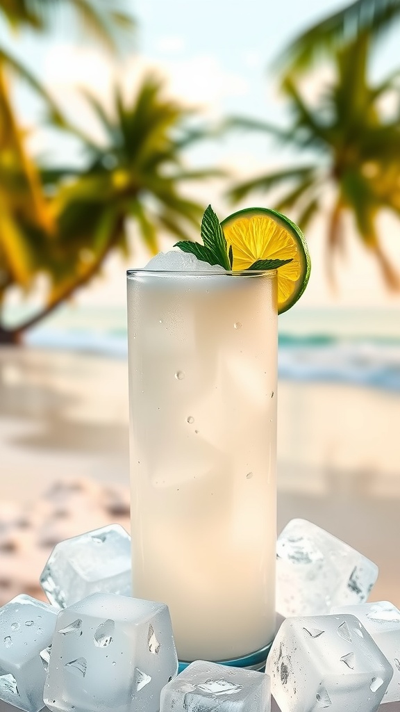 A refreshing Coconut Lime Rum Cooler cocktail in a tall glass on a beachside table.