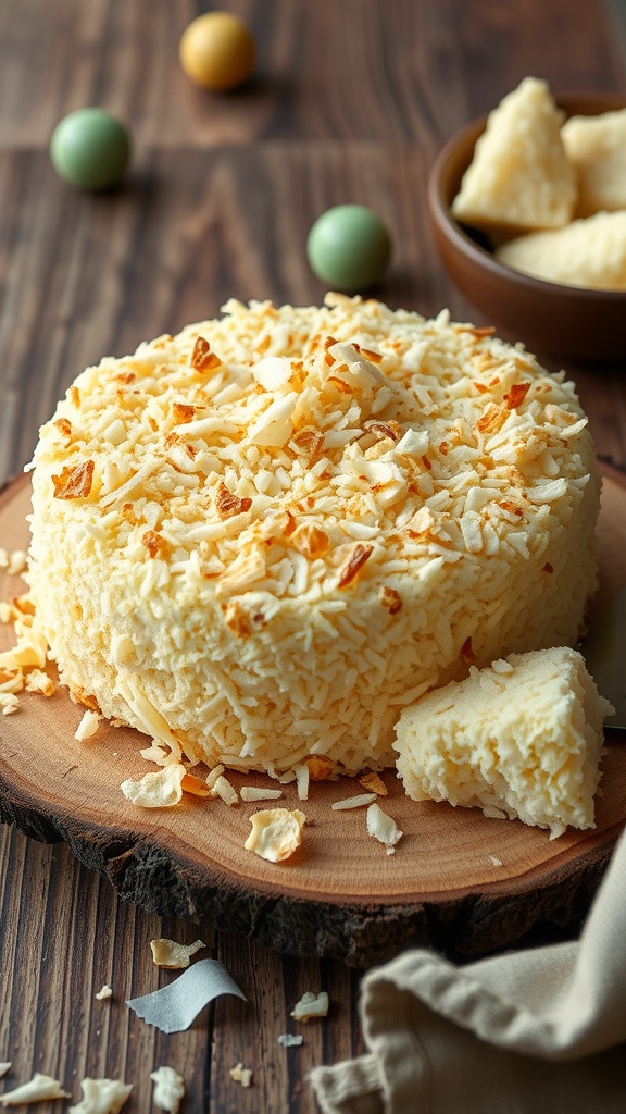 Coconut macaroon cake on a wooden board with a slice cut out