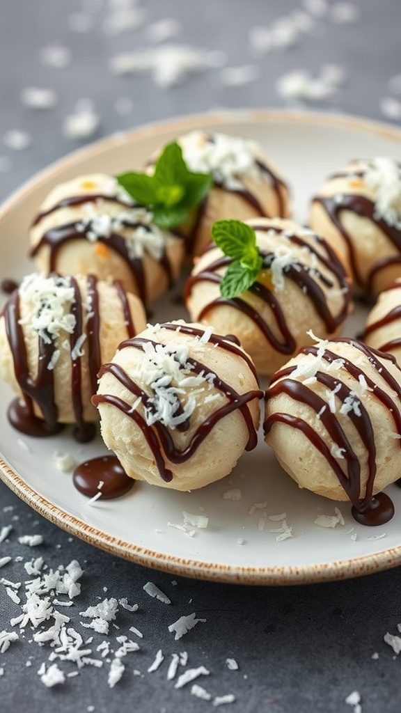 A plate of coconut macaroons drizzled with dark chocolate and garnished with mint leaves