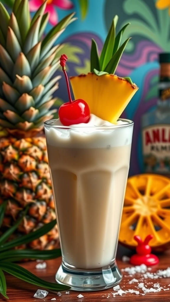 A Coconut Rum and Pineapple Shake garnished with whipped cream, a cherry, and a pineapple slice, set against a colorful tropical backdrop.