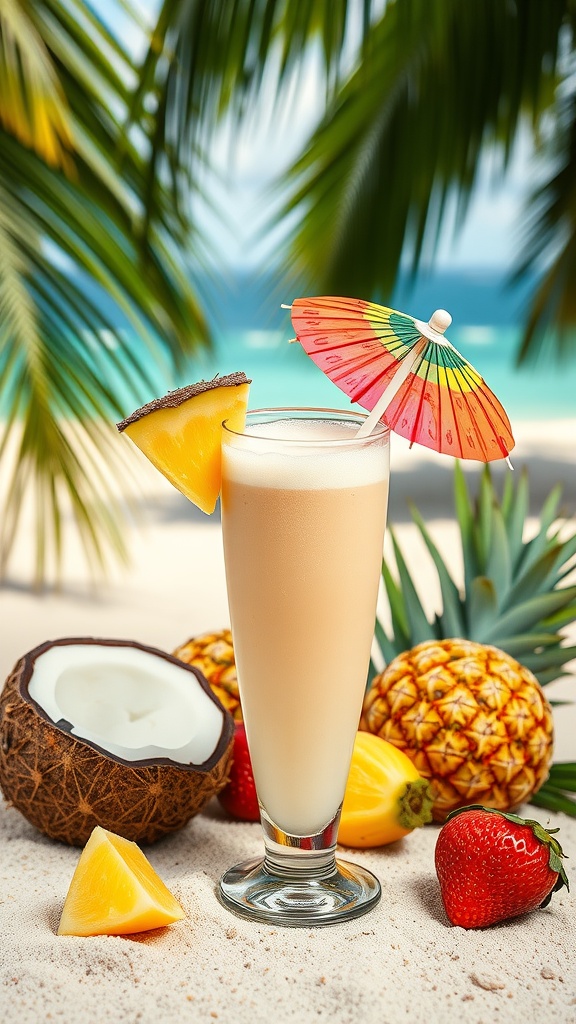 A refreshing Coconut Rum Breeze cocktail with a mini umbrella, surrounded by fresh fruits like pineapple and strawberries.
