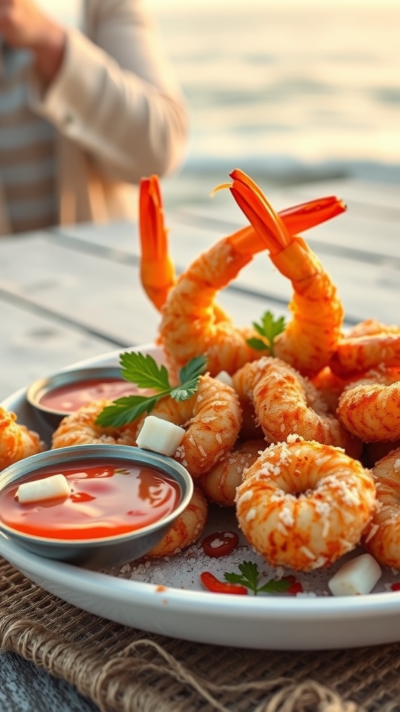 A plate of coconut shrimp with sweet chili sauce, garnished with parsley, set against a beach background.