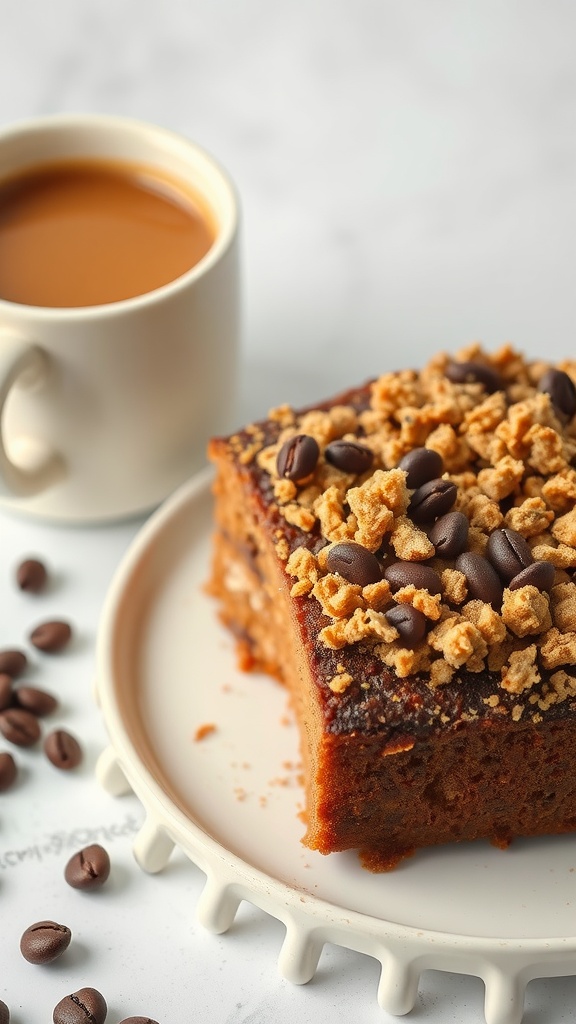 A slice of Coffee Crumble Cake on a plate next to a cup of coffee, garnished with coffee beans.