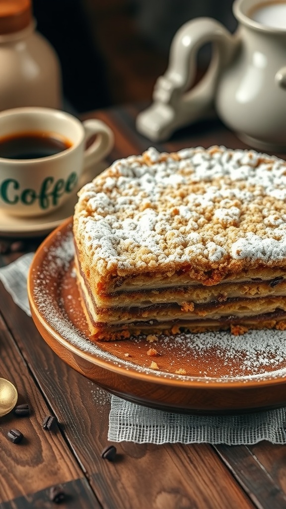 A delicious slice of Coffee Crumble Cake on a wooden table with a cup of coffee.