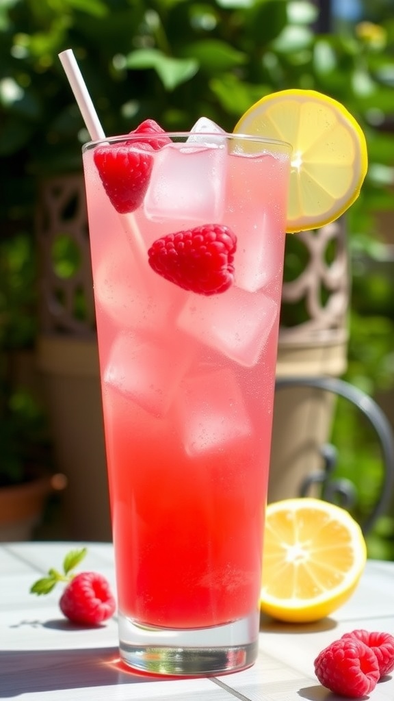 A vibrant Raspberry Lemon Vodka Spritzer with raspberries and lemon garnish in a sunny outdoor setting.