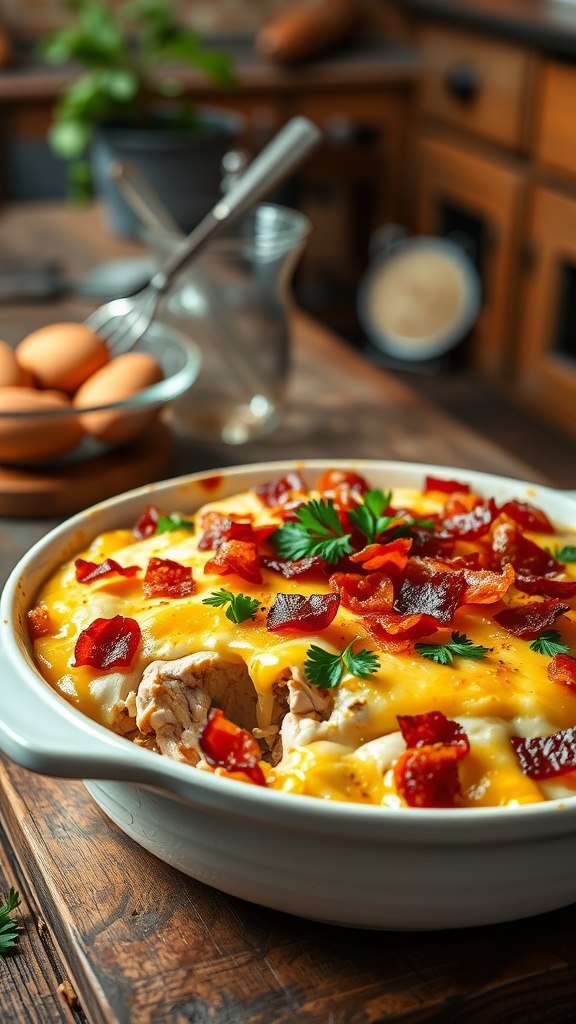 A delicious Crack Chicken Casserole topped with cheese and bacon, ready to be served.