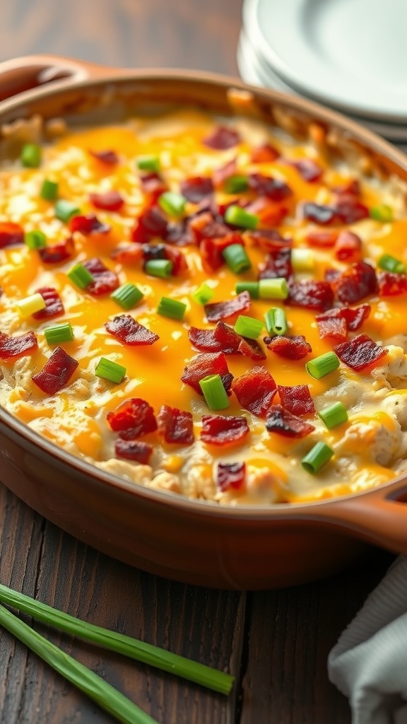 A creamy and cheesy Crack Chicken Casserole topped with bacon and green onions.