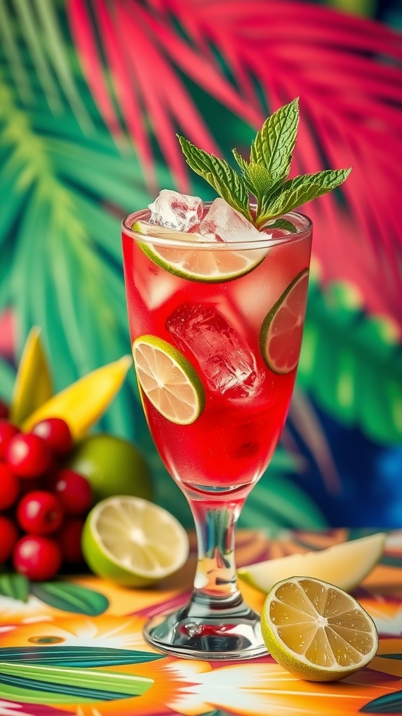 A vibrant Cranberry Lime Rum Fizz cocktail garnished with mint and lime, set against a tropical backdrop.