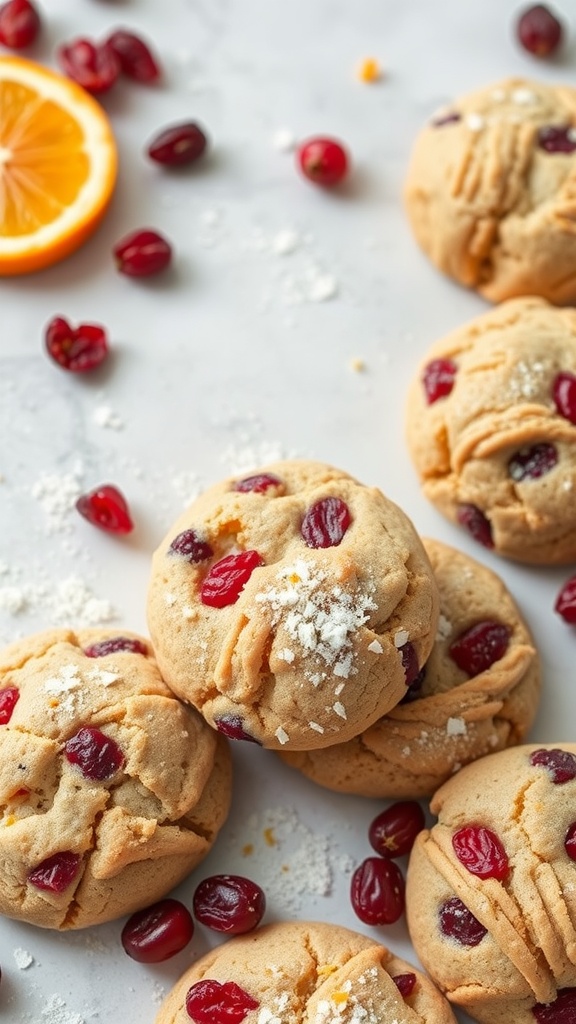 A close-up of cranberry orange cookies with scattered cranberries and a slice of orange