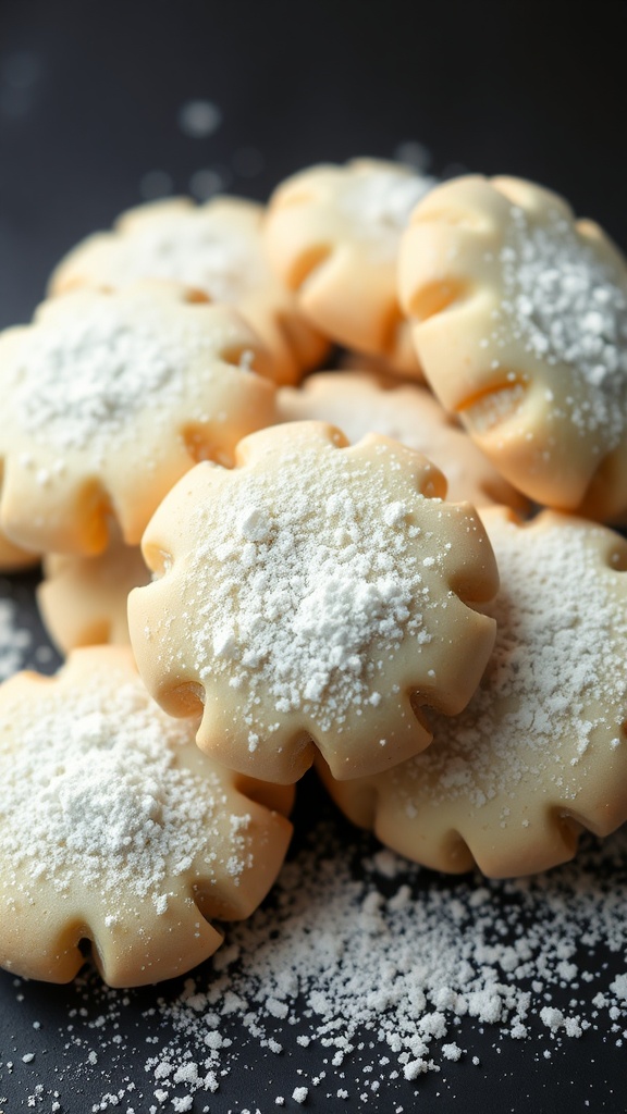 A close-up view of cream cheese cookies dusted with powdered sugar