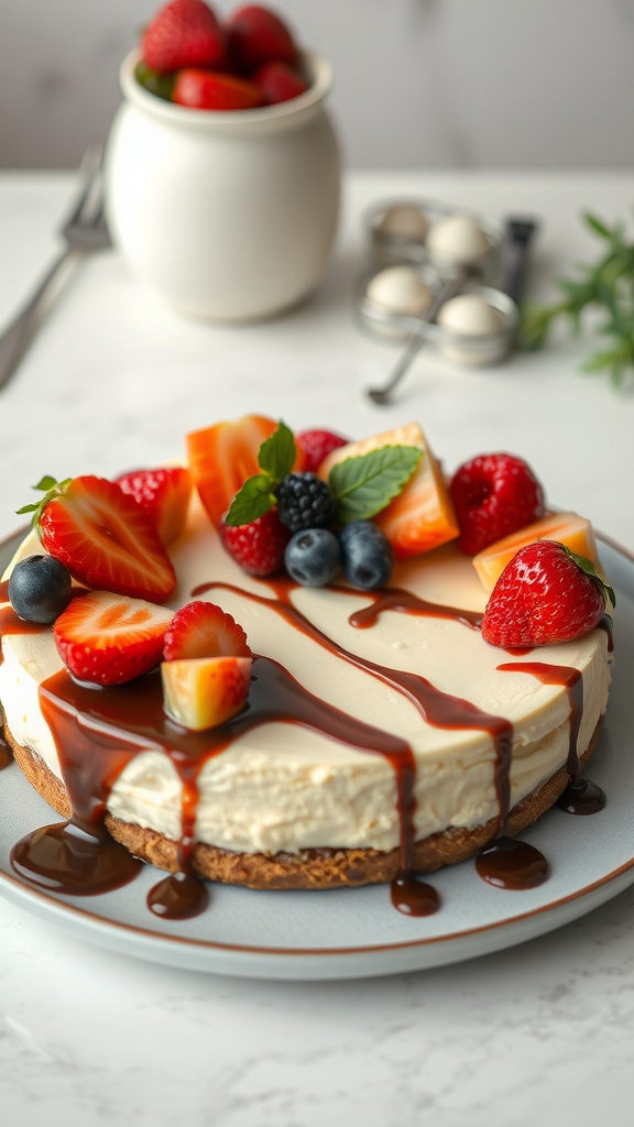 A creamy cheesecake topped with fresh fruits and chocolate drizzle on a plate.