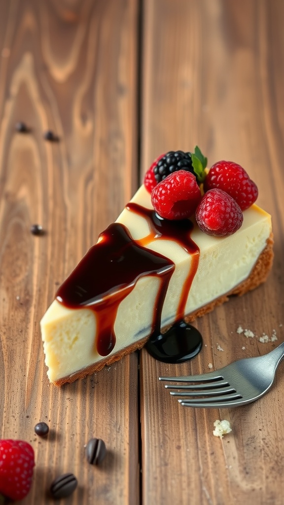 A slice of creamy cheesecake topped with fresh raspberries, blackberries, and chocolate sauce on a wooden table.