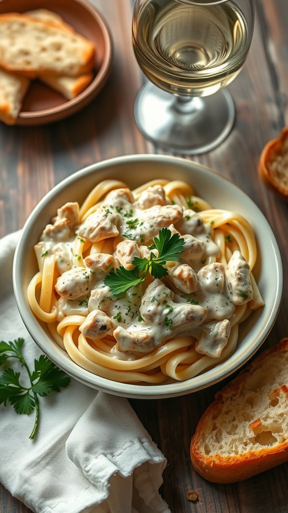 A bowl of creamy chicken Alfredo pasta with parsley garnish, accompanied by white wine and slices of bread.