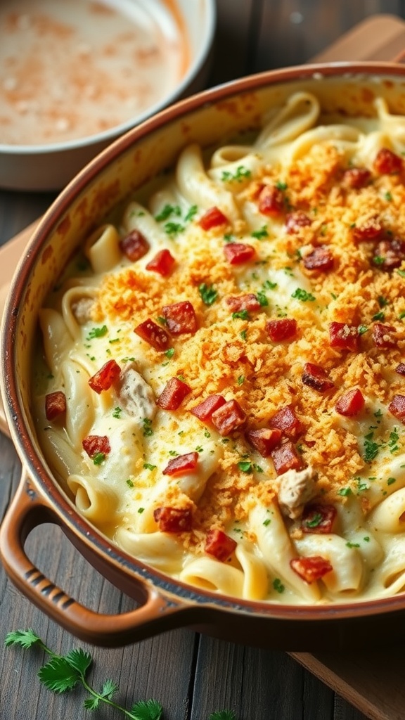 A creamy chicken bacon pasta bake topped with crispy bacon and breadcrumbs, sitting in a rustic baking dish.