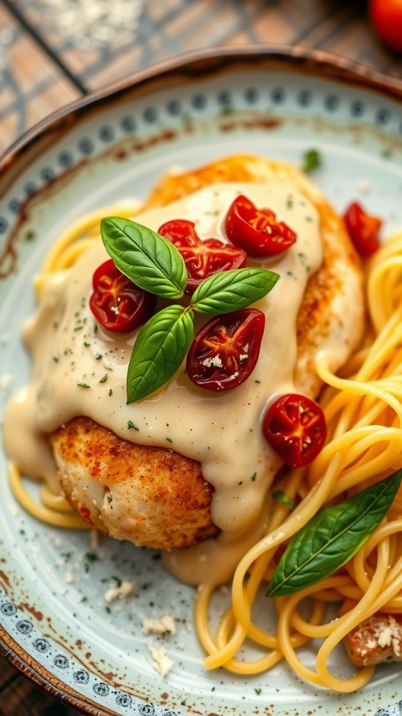 Chicken breast with creamy sun-dried tomato sauce served with pasta, garnished with basil.