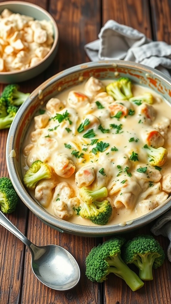 A creamy chicken broccoli Alfredo casserole with broccoli florets in a dish, garnished with parsley.