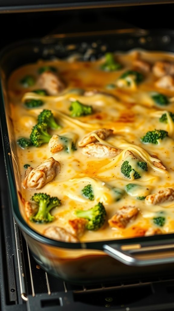 Creamy chicken broccoli casserole with chicken pieces and broccoli in a cheesy sauce.