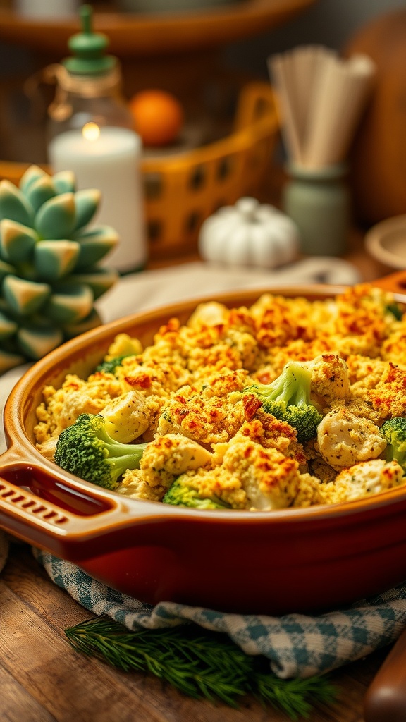 A hearty casserole featuring quinoa, chicken, and broccoli, served in a red dish with a cozy kitchen backdrop.