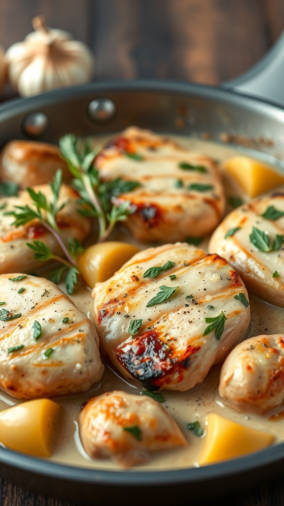 A skillet filled with grilled chicken breasts in a creamy garlic sauce, garnished with fresh herbs.