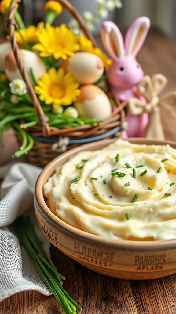 A bowl of creamy garlic mashed potatoes garnished with chives, surrounded by a basket of Easter eggs and flowers.
